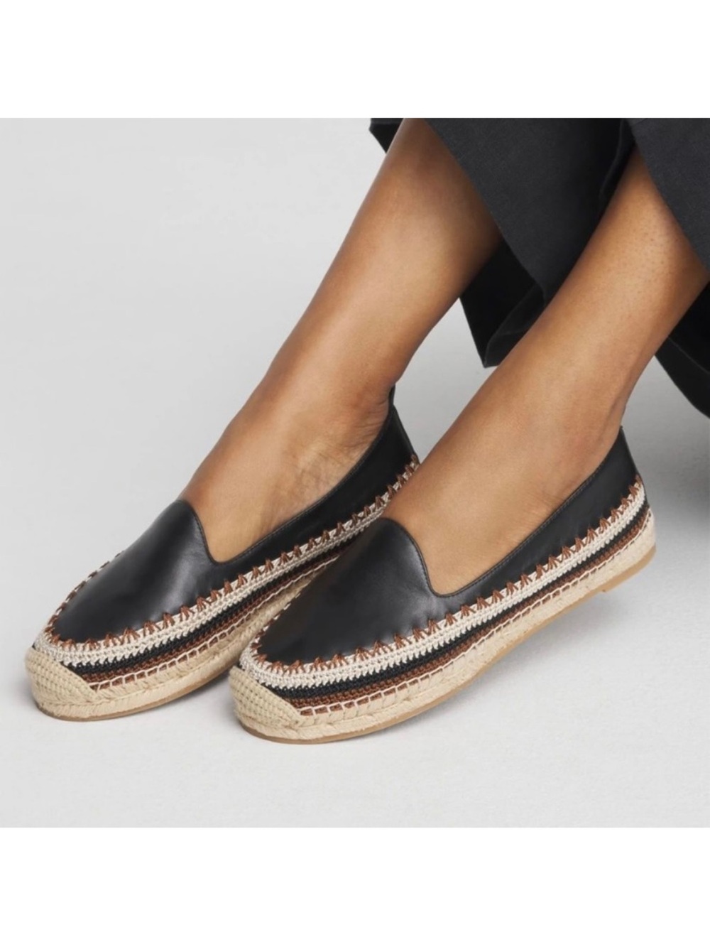 Chico's Black Leather Espadrille Loafers with Natural Jute Trim